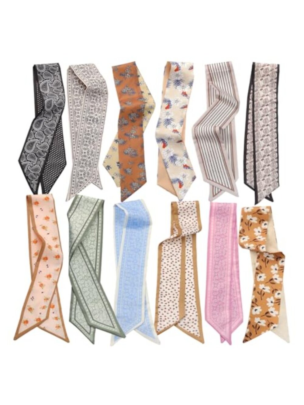 12pc Silky Polyester Hair Scarf Set Skinny Purse Scarf Headbands Neck
